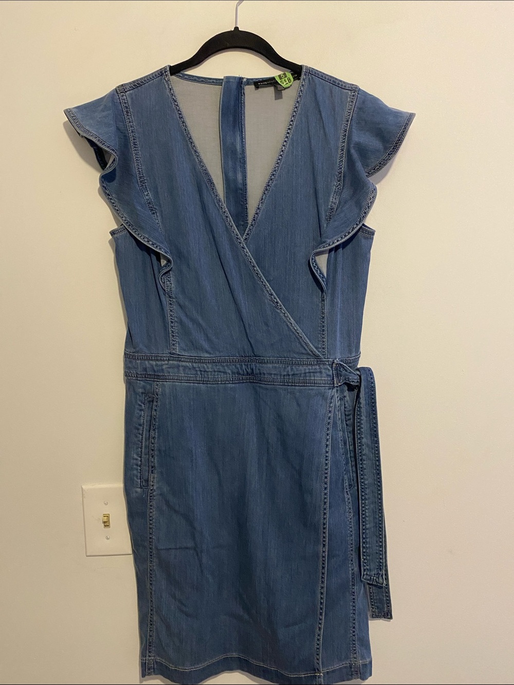 White House Black Market Blue Denim Wrap Midi Dress with Ruffle Sleeves